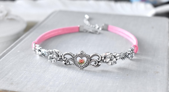 Pink Rose Heart Floral Vine leather or suede choker. Pink, Blue or Yellow Rose