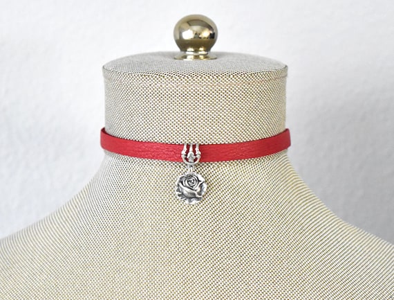 Rose Leather Choker: Victorian Style, Antique Brass/Silver