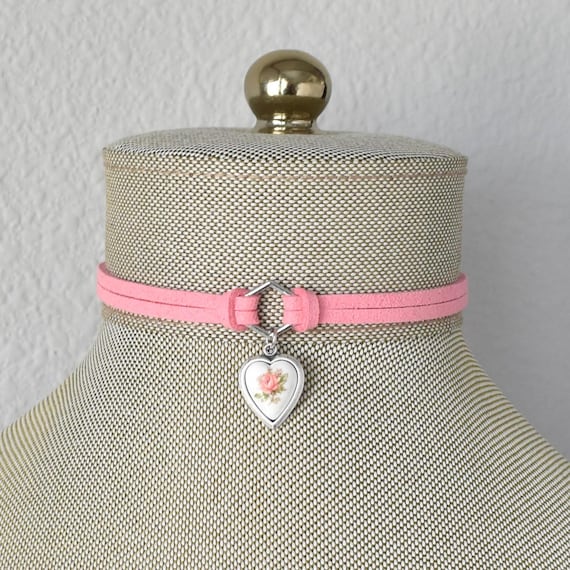 Pink Rose Heart Choker: Vintage Floral Vegan Suede