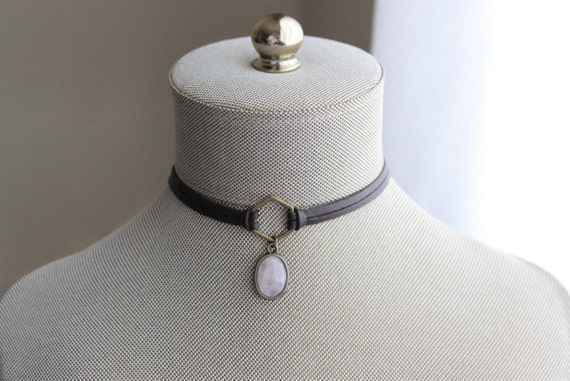 Rose Quartz Choker. Hexagon Leather Choker. 14 Leather colors to choose from
