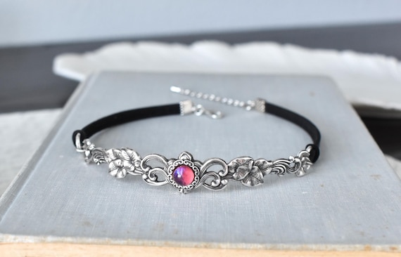 Mexican Fire Opal or Gemstone Floral Vine Leather Choker. Over 20 Leather/Suede Options. Silver or Antique Brass