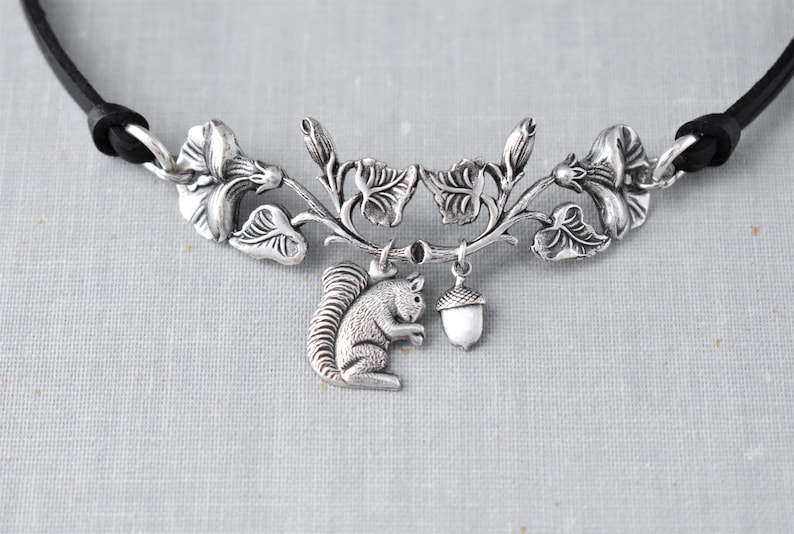 Floral Squirrel Statement Choker. Choose from 16 leather colors image 4