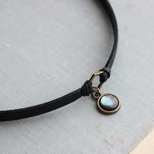 Gemstone Black Leather Choker. Black Pearl Choker. 17 Gemstone options. 14 leather colors. image 2