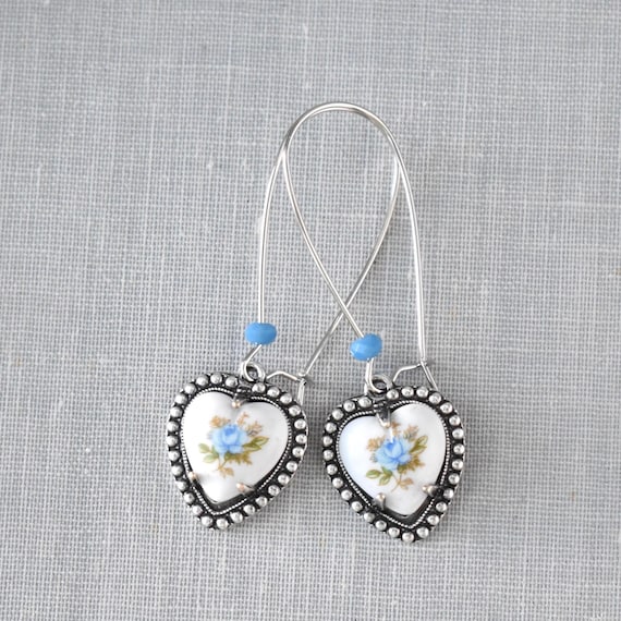 Blue Rose Heart Earrings. Silver or Antique Brass