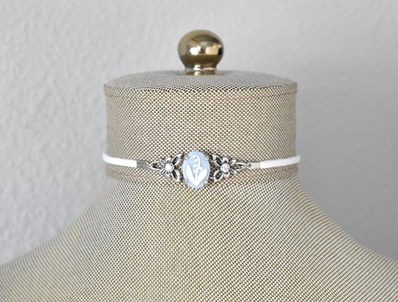 Light Blue and White Lily of the Valley Leather Choker. Choose from 20 leather colors
