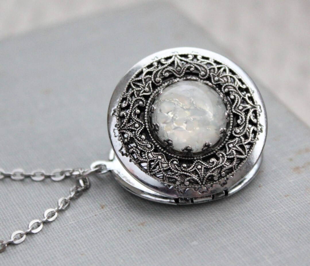 White Fire Opal Locket Necklace - Etsy