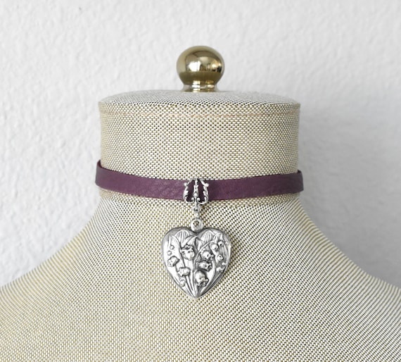 Lily of the Valley Heart Leather Choker. 9 Leather Color Options