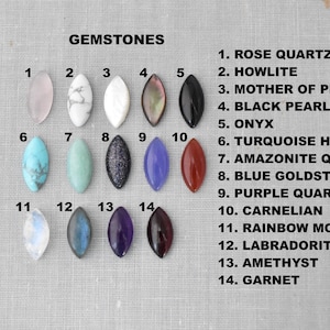 May include: A collection of 14 gemstone cabochons in various colors and textures, including rose quartz, onyx, and amethyst. Each stone is oval-shaped and displayed against a neutral background. The gemstones are labeled with their names.