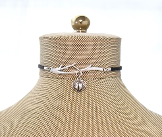 Dainty Ladybug Branch Leather Choker