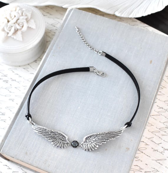 Black Pearl Angel Wings Leather Choker. 22 Gemstone/Opal Options