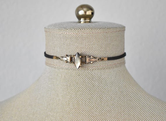 Black Pearl Leather Navette Choker. 14 Gemstone Options
