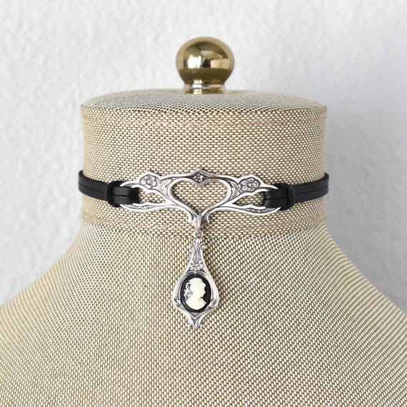 Black Cameo Choker. Vintage Style. Over 20 Leather or Suede colors to choose from