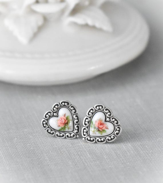 Ruffle Rose Heart Post Earrings. 3 Rose Color Options