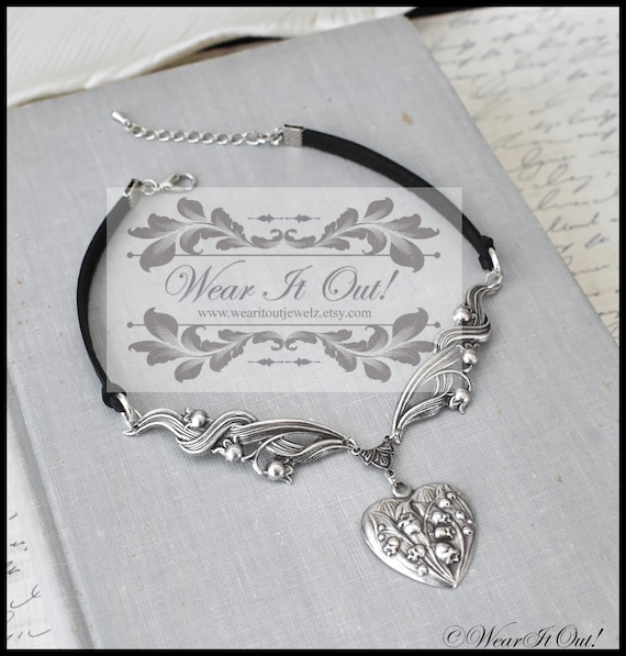 Lily of the Valley Heart Leather Choker. Choose from 20 leather colors