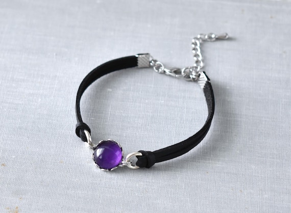 Amethyst Leather Bracelet: Boho Gemstone Jewelry