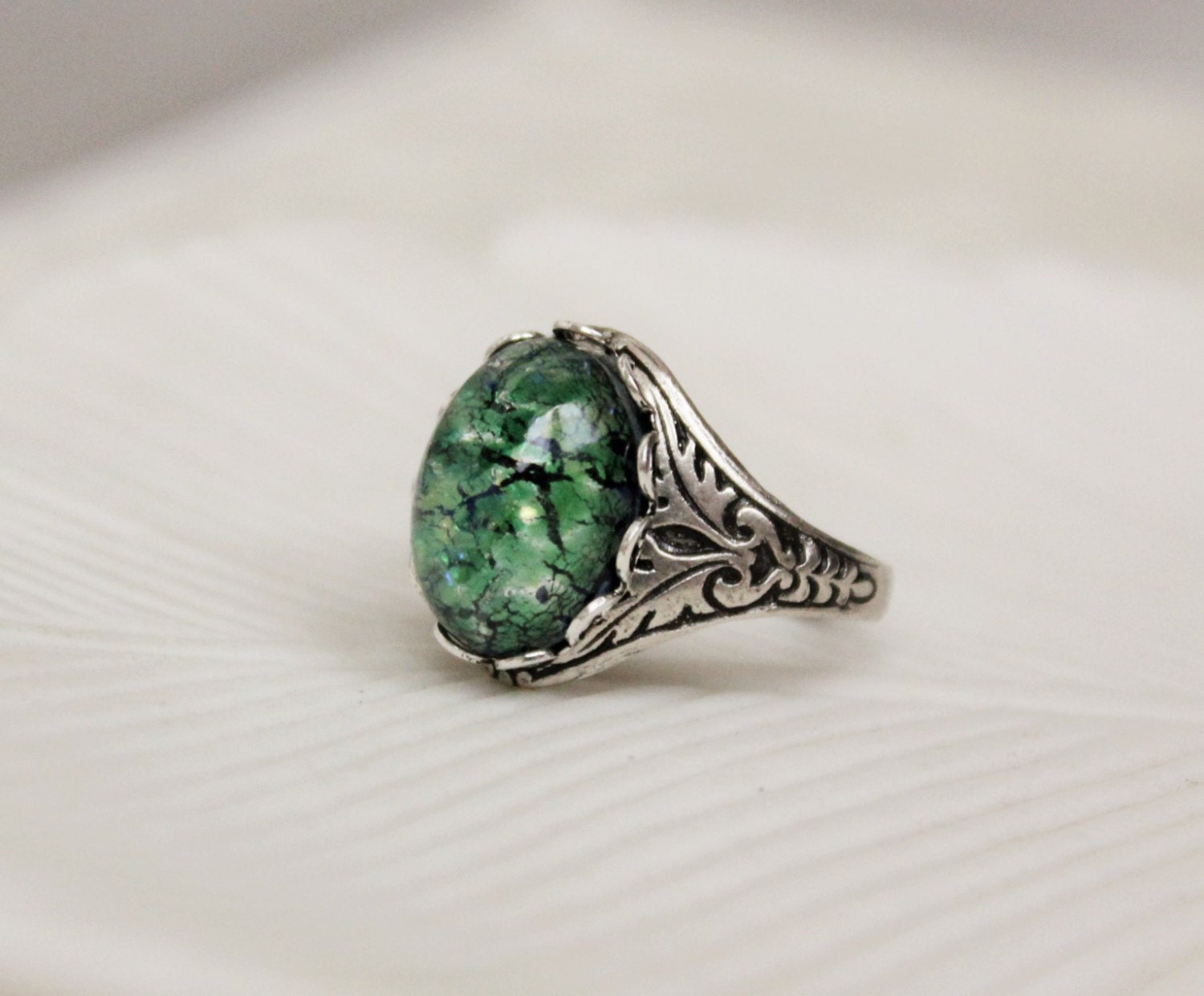Green Opal Ring. Antique Silver or Antique Brass