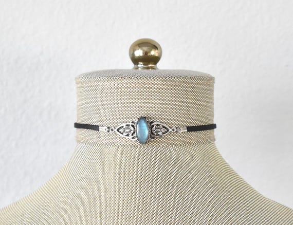 Labradorite Leather Navette Choker. 14 Gemstone Options