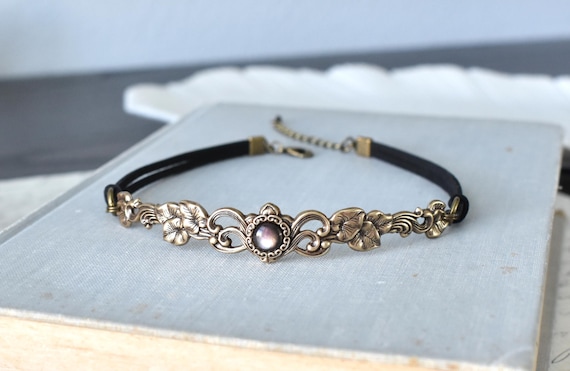 Black Pearl Floral Vine Leather Choker. Silver or Antique Brass. 22 Gemstone/Opal options. Over 20 Leather/Suede Options.