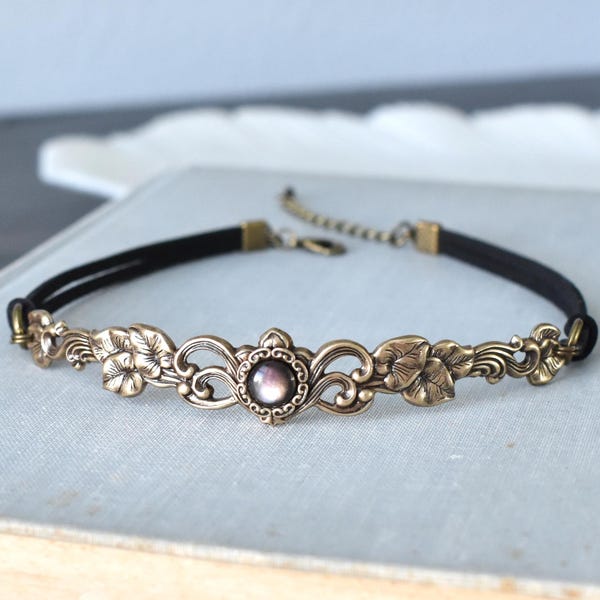Black Pearl Floral Vine Leather Choker. Silver or Antique Brass. 22 Gemstone/Opal options. Over 20 Leather/Suede Options.