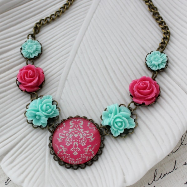 Soft Mint and Dark Pink Floral Damask Statement Necklace. Flowers.