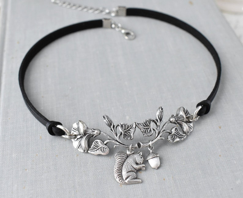 Floral Squirrel Statement Choker. Choose from 16 leather colors image 2