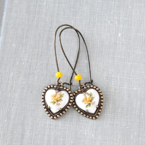 Yellow Rose Heart Earrings. Silver or Antique Brass