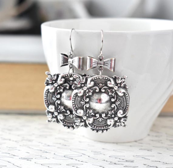 Silver Romantic Bow Statement Earrings