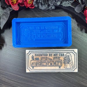 May include: A blue silicone mold and a finished rectangular soap with the text "HAUNTED BY MY TBR". The design features a ghost holding books, a bookshelf, and a teacup. The soap is light-colored with black detailing.