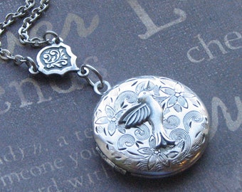 Hummingbird Locket, Silver Necklace, Bird Jewelry, Round Pendant, Long Chain, Gift For Wife, Vintage Style, Handmade, TheEnchantedLocket