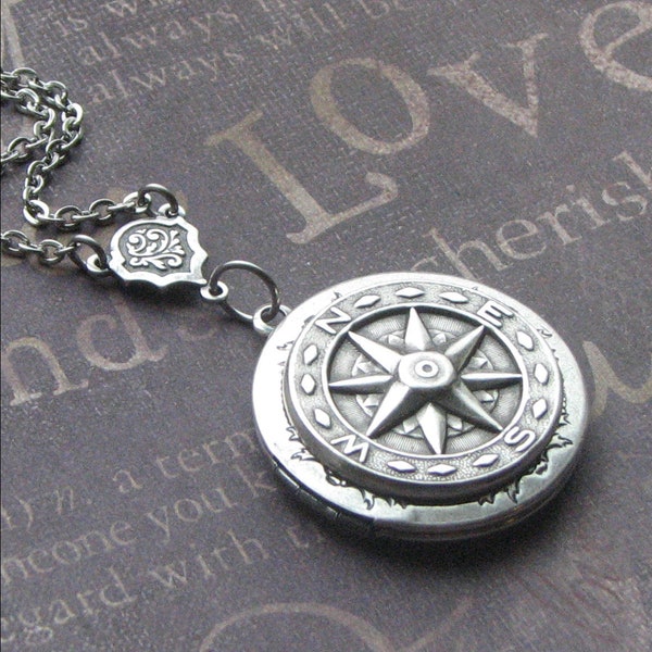 READY TO SHIP Compass Locket Necklace Silver Compass Jewelry Photo Picture Locket True North Compass Necklace  Locket Unisex Locket Gift