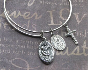 Silver Bangle Bracelet Saint Christopher Crucifix Charm Bracelet Catholic Bangle Adjustable Bracelet Virgin Mary Medal Gift Blessed Mother