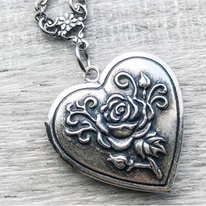 Heart Locket Necklace READY TO SHIP Heart Jewelry Photo Locket Gift For Her Free Shipping Silver Locket Rose Heart