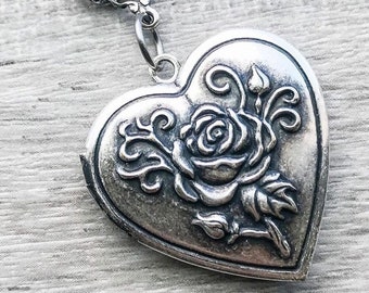 Heart Locket Necklace READY TO SHIP Heart Jewelry Photo Locket Gift For Her Free Shipping Silver Locket Rose Heart