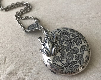 Silver Frog Locket Necklace Picture Photo Locket Frog Prince Jewelry Antiqued Enchanted Locket Anniversary Bridesmaid Mother's Day Gift