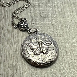 Silver Locket Necklace, Flower Jewelry, Butterfly Garden Locket, Round Locket, Photo Picture Locket, Wedding Jewelry, Stocking Stuffer GIFT