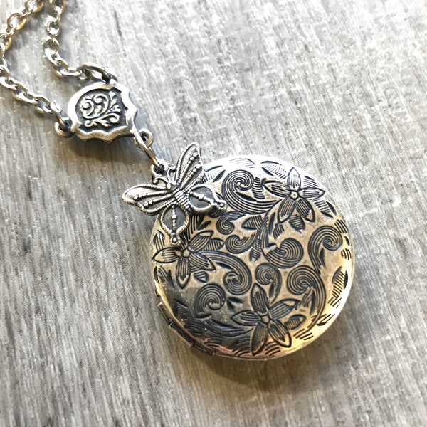 Silver Locket Necklace, Flower Jewelry, Butterfly Locket, Child's Locket, Photo Picture Locket, Wedding Jewelry, Stocking Stuffer GIFT Bride