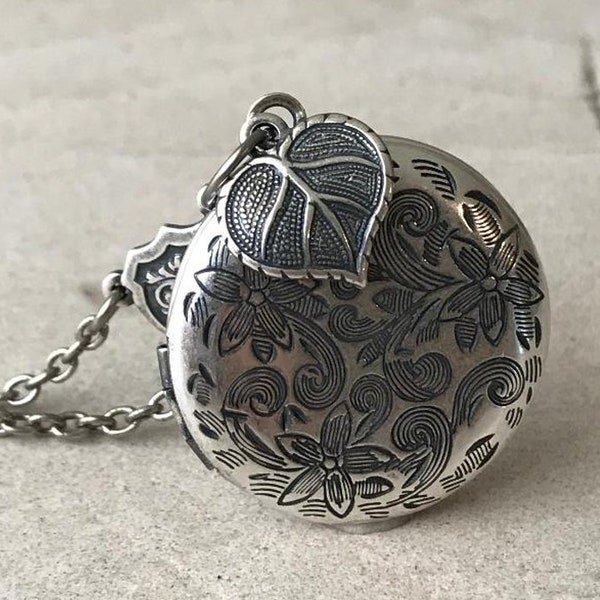 Silver Locket Necklace, Flower Jewelry, Love Garden Locket, Leaf, Round Locket, Photo Picture Locket, Wedding Jewelry, Stocking Stuffer GIFT