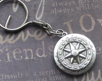 Compass Keychain Locket, Key Chain Locket, Compass Jewelry, Locket Key Fob, Silver Compass Locket, True North Keychain Locket, UNISEX Gift