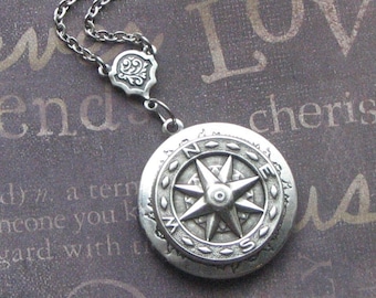 Compass Locket Necklace Silver Compass Jewelry Photo Picture Locket True North Locket Compass Necklace Round Locket Unisex Locket Gift