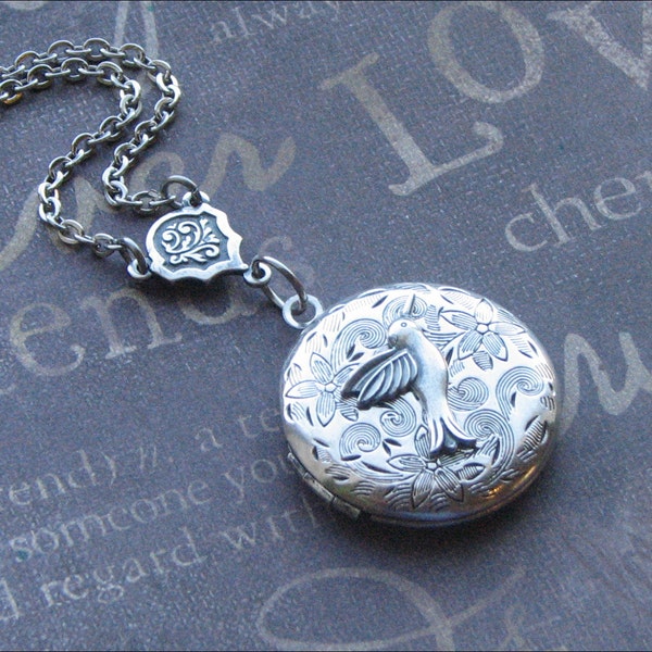 READY TO SHIP Hummingbird Locket Necklace Silver Locket Jewelry Womens Locket  Silver Locket  Locket Wedding Jewelry Picture Photo Gift