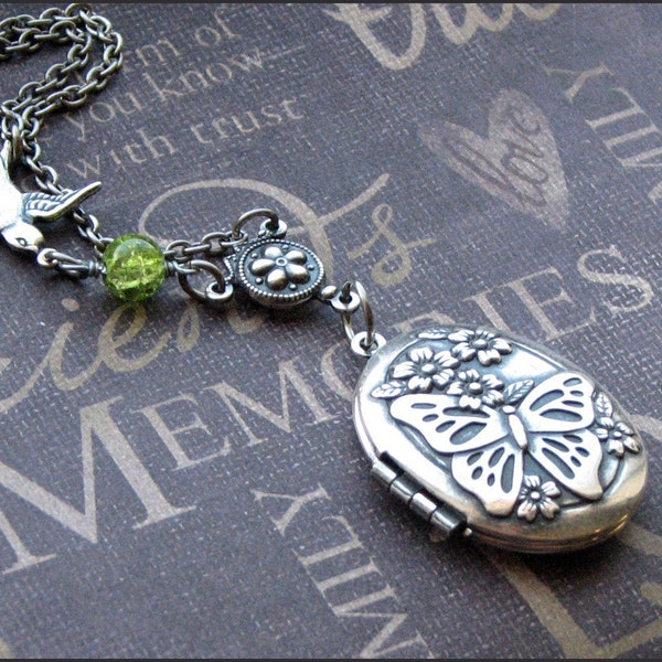 Silver Locket Necklace - Enchanted Peridot Butterfly  - Jewelry by TheEnchantedLocket - SWEET Child's First Locket Birthday Anniversary Gift