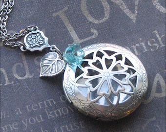 Silver Scent Locket Necklace, Aromatherapy Jewelry, Leaf Necklace, Silver Scent Locket, Engraved Locket, Wedding Gift, Aqua Flower, Bride