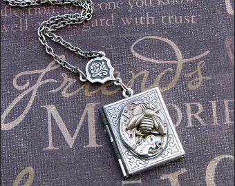 Silver Book Locket Necklace- Enchanted Queen Bee - Jewelry by TheEnchantedLocket - SWEET Anniversary I Love You Gift