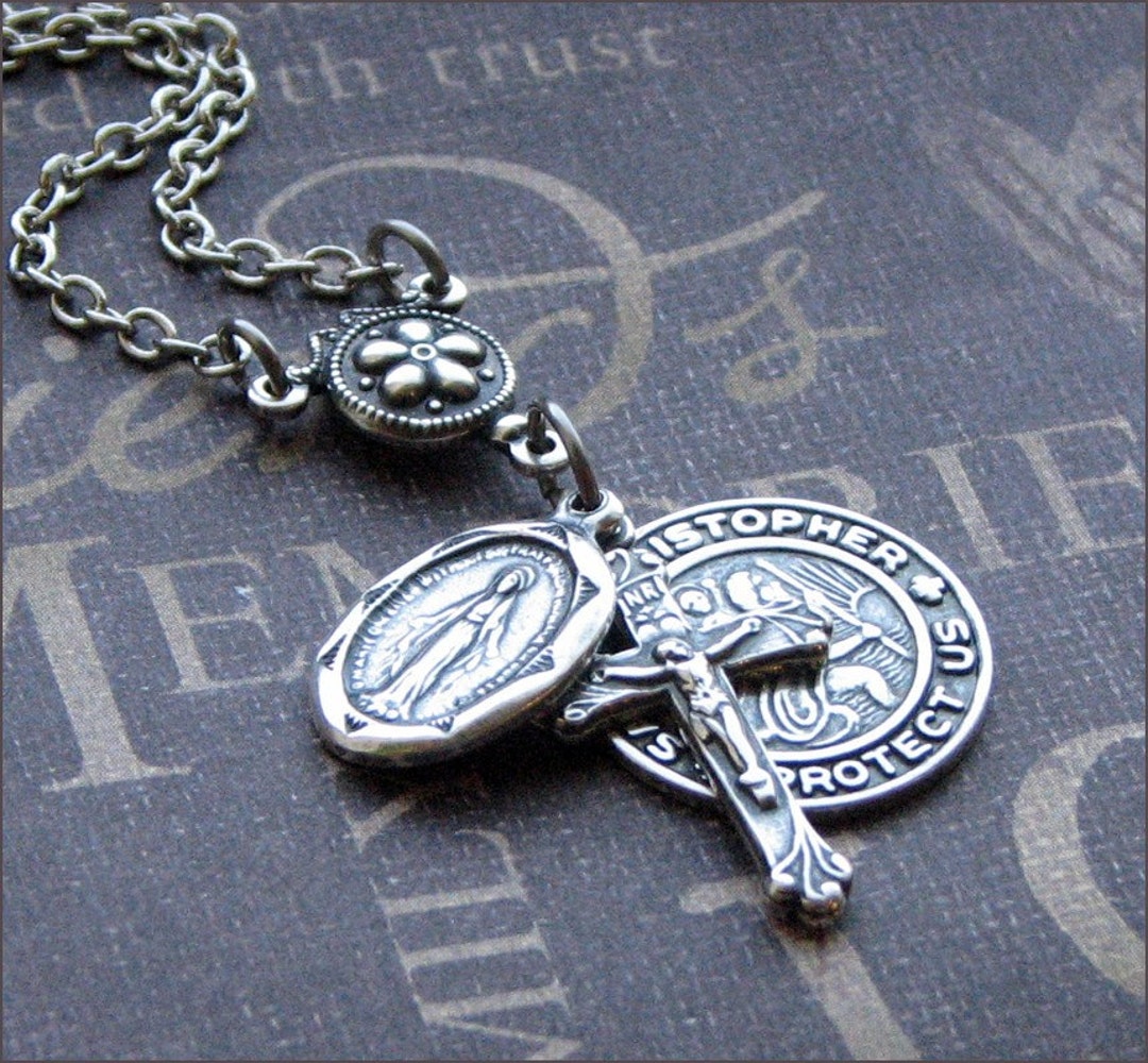 Silver Religious Medal Necklace Enchanted Traveler's Protection by