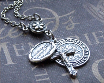 Silver Religious Medal Necklace - Enchanted Traveler's Protection - By TheEnchantedLocket