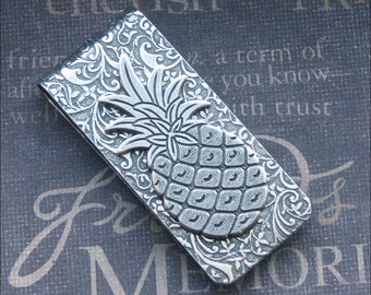 Pineapple Money Clip Silver Money Clip Groomsmen Wedding Gift Money Holder Hawaiian Money Clip Father's Day Vintage Style Antiqued Silver