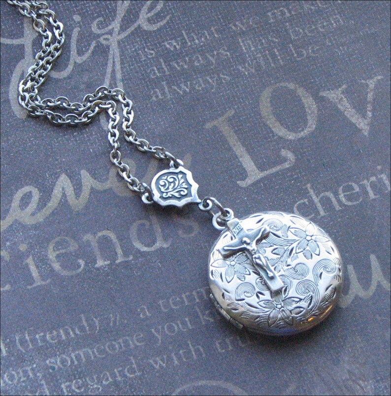 Crucifix Locket Necklace Confirmation Locket Womens Locket Silver Cross Locket Religious Locket Catholic Jewelry Silver Locket Gift WEDDING
