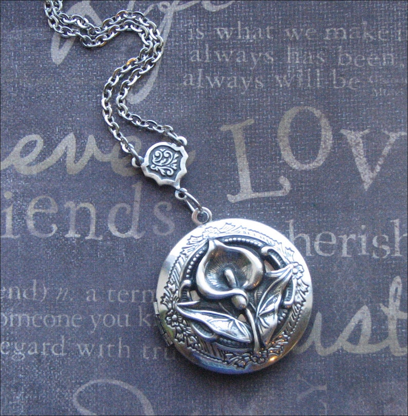 Silver Calla Lily Locket Necklace READY TO SHIP Enchanted Calla Lily Silver Locket Flower Jewelry Love You Daughter Mother Gift image 2