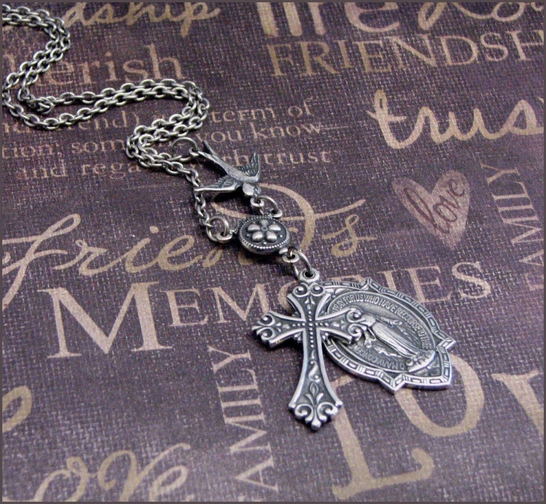 Silver Cross and Medal Necklace Enchanted Wing and A Prayer - Etsy