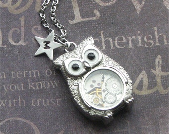 Steampunk Personalized Owl Necklace, Initial Jewelry, Steampunk Owl Robot, Vintage Watch, Silver Owl Necklace, Wedding Bridesmaid LOVE GIFT